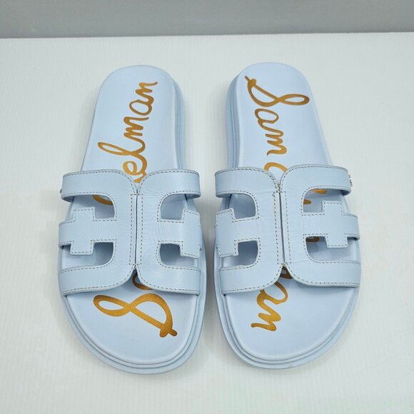 Sam Edelman Valeri Slide Sandal Womens 8 WIDE Riviera Blue Leather Logo Platform - Picture 4 of 13